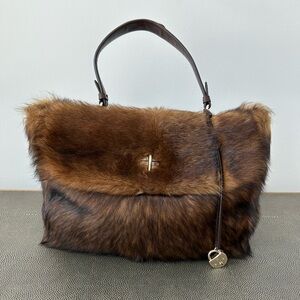 Ralph Lauren Shearling Fur Leather Handbag Shoulder Bag Made In Italy Brown